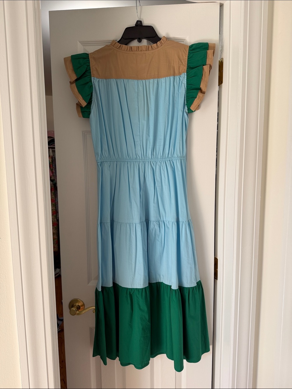 Women’s Colorblock Ruffle Sleeve Dress - Blue, Green & Tan - Picture 2 of 3